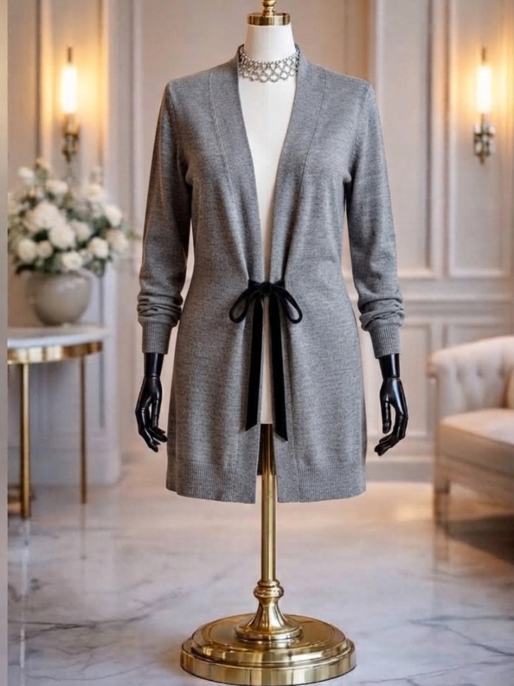 Talbots Pure Wool Gray Open-Front Knit Cardigan with Velvet Tie